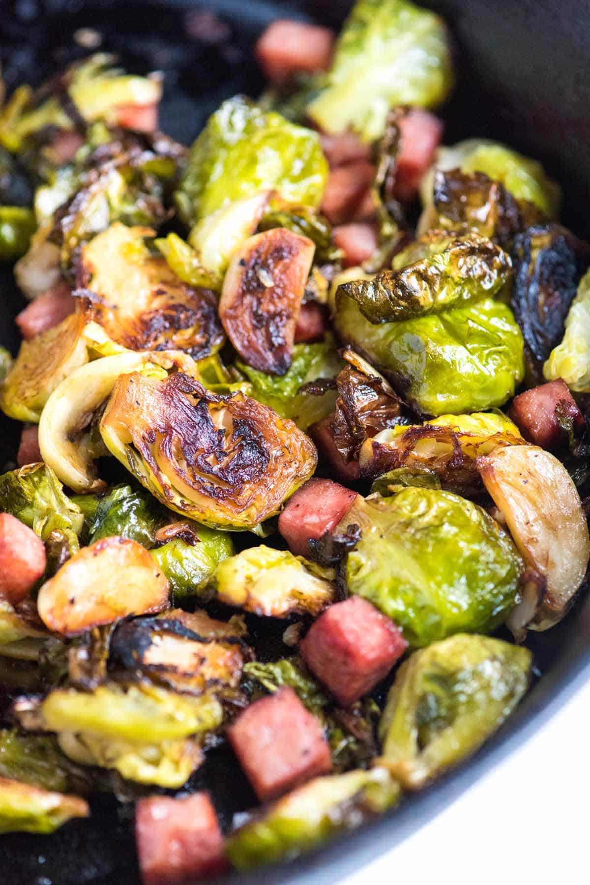 Roasted Brussels Sprouts with Ham and Garlic