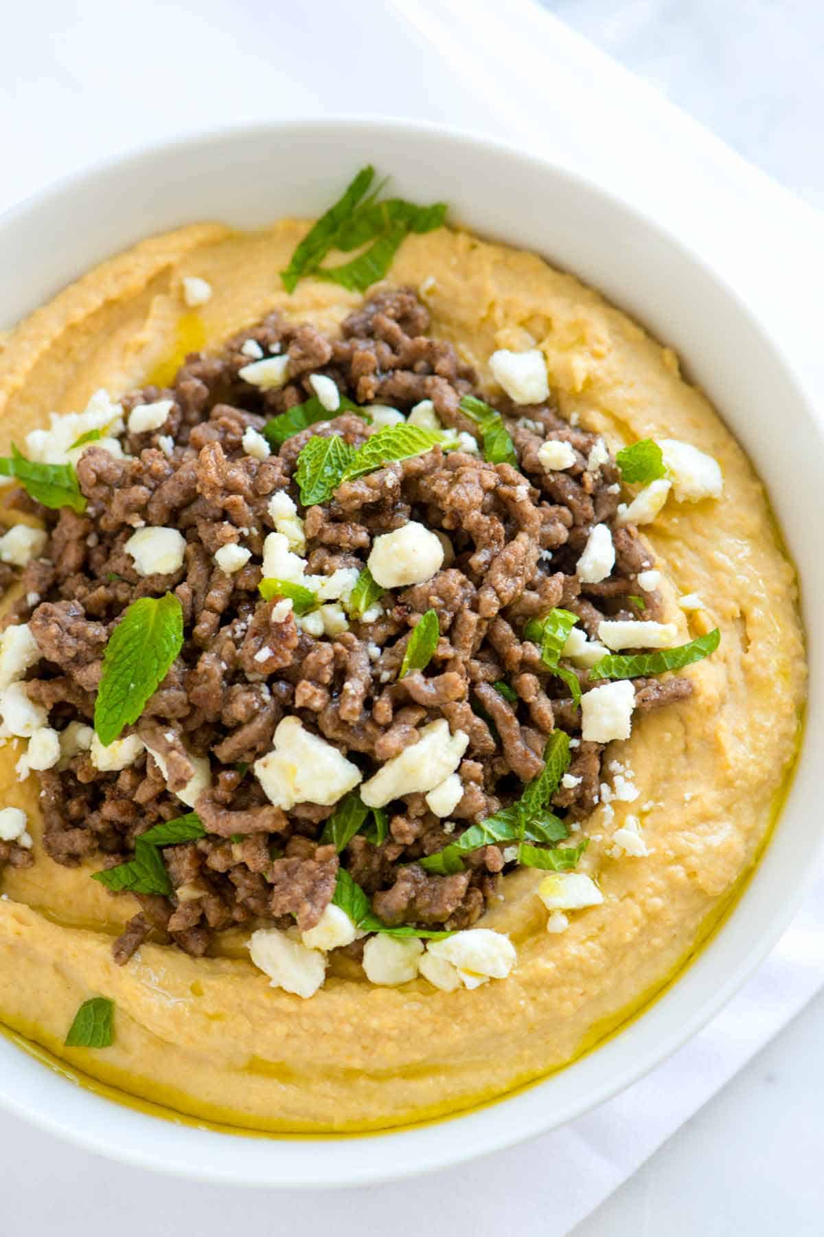 Hummus with Spiced Ground Beef, Feta and Mint Hummus with Spiced Ground Beef